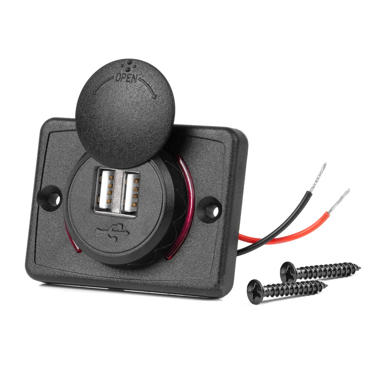 Vierkante waterdichte lader met rode LED-achtergrondverlichting, 2xUSB, 12/24V (64x48mm) - 04230 01 - 04230