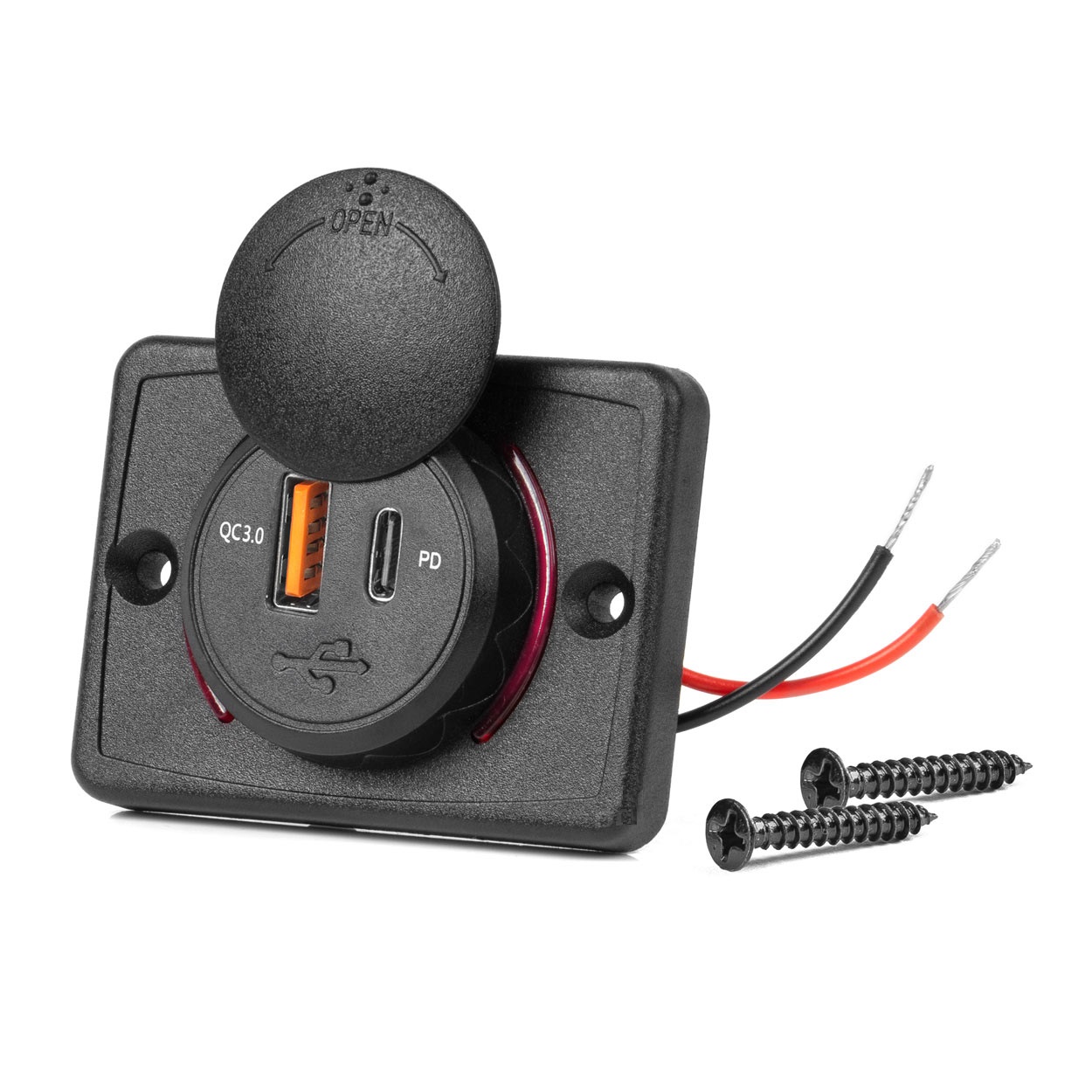 Vierkante waterdichte lader met rode LED-achtergrondverlichting, USB + USB C QC3.0, 12/24V (64x48mm) - 04231 01 - 04231
