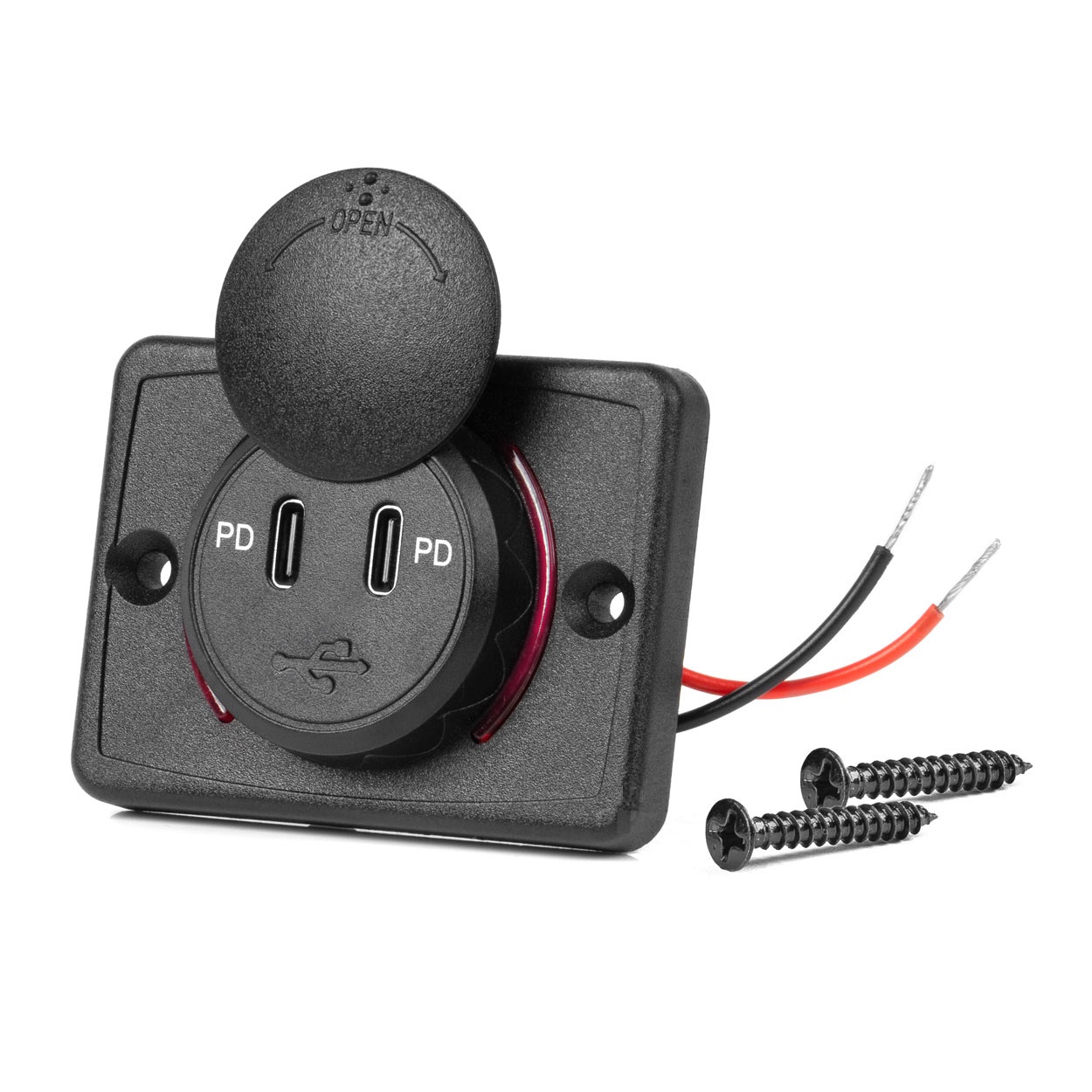 Vierkante waterdichte lader met rode LED-achtergrondverlichting, 2x USB C, 12/24V (64x48mm) - 04232 01 - 04232
