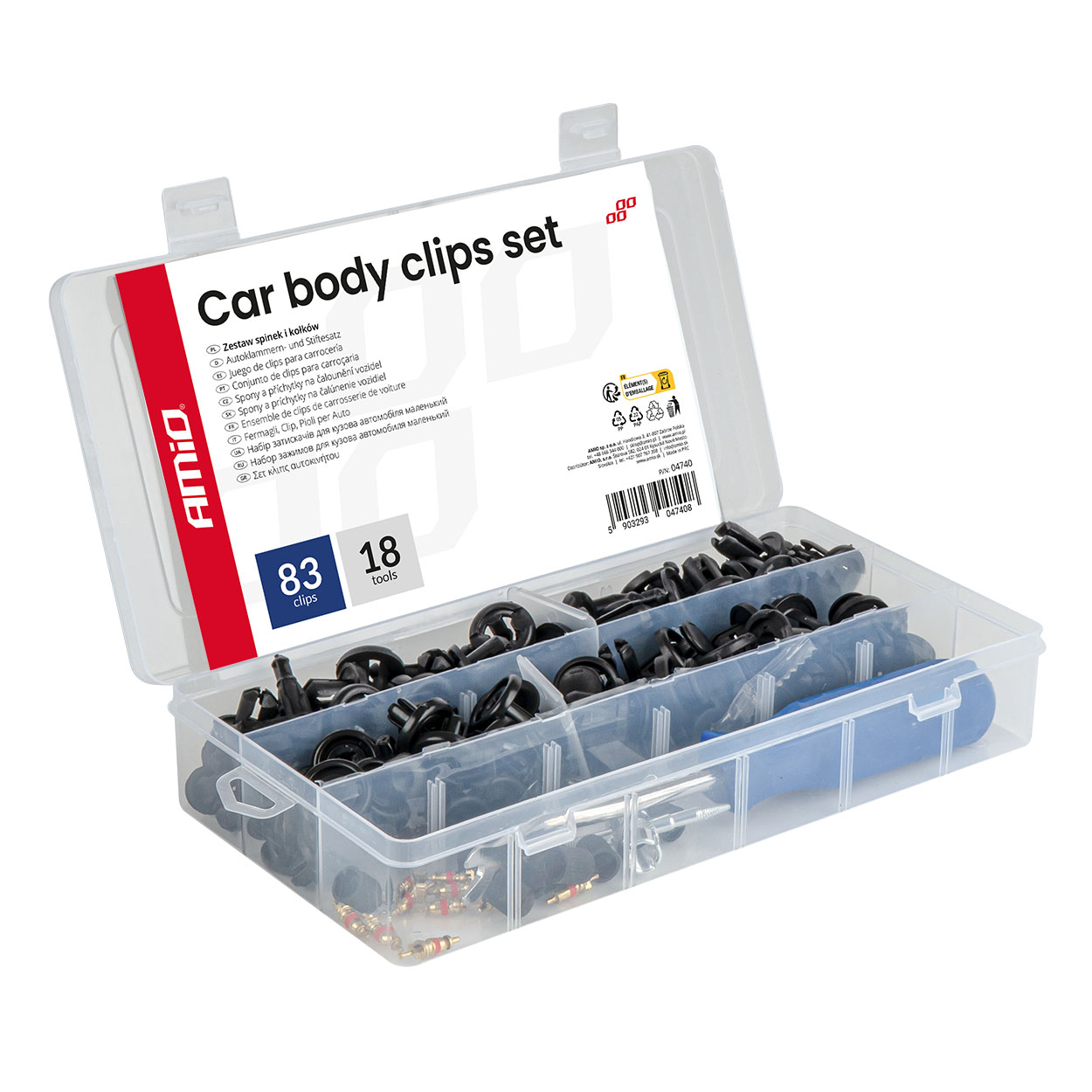 Set met 83stuks Automotive clips en bevestigingspinnen en gereedschap - 04740 - 04740