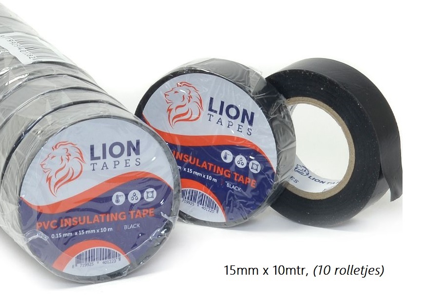 Lionbrand isolatietape 15mm x 10 meter zwart, 10 rolletjes,  (150% oprekbaar!!) - 401220 - 401220