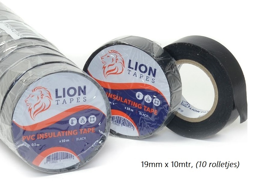 Lionbrand isolatietape 19mm x 10 meter zwart, 10 rolletjes,  (150% oprekbaar!!) - 401237 - 401237