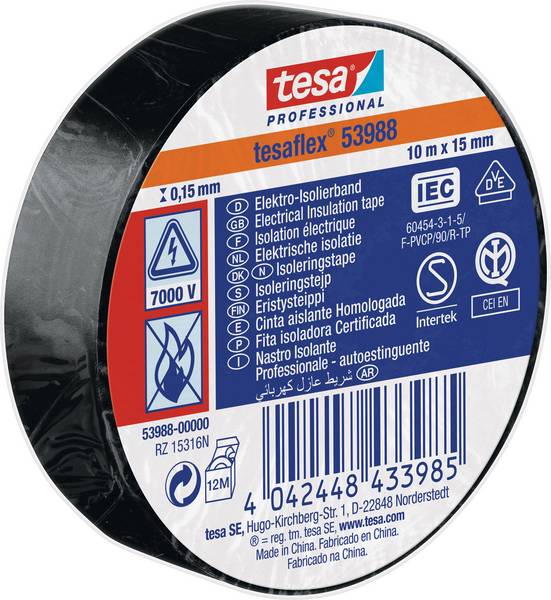 TESAFLEX 53988  L.10mtr x B.15mm Zwart (Per 10 Stuks) isolatie tape - 53988 00000 00 - 53988-00000-00