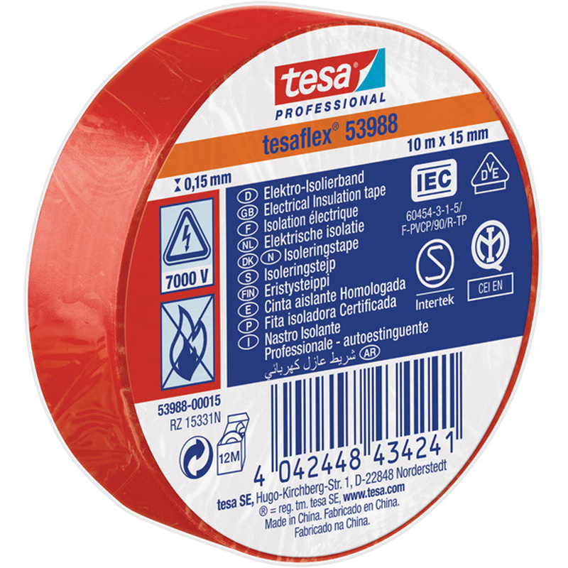 TESAFLEX 53988  L.10mtr x B.15mm Rood (Per 10 Stuks) - 53988 00015 00 - 53988-00015-00