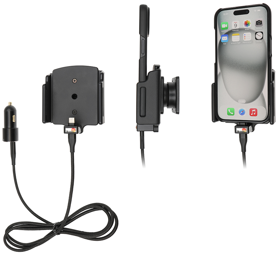 Apple iPhone 15/16/17 (Pro , Actieve verstelbare  houder met 12V USB SIG-Plug 70-83mm, dikte 6-10 mm - 721370 a - 721370