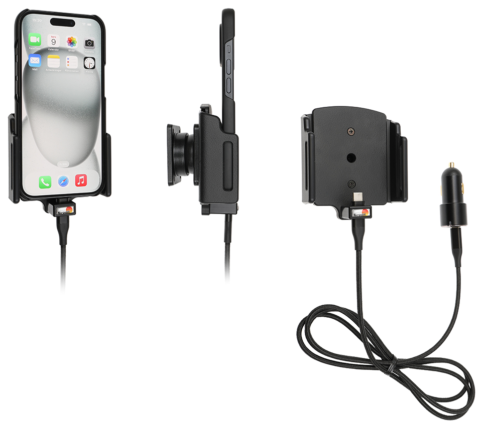 Apple iPhone 15/16/17 (Pro , Actieve verstelbare  houder met 12V USB SIG-Plug 70-83mm, dikte 6-10 mm - 721370 - 721370