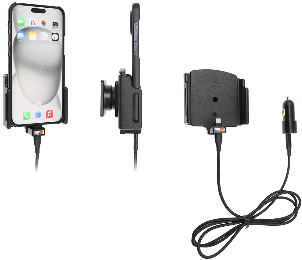 Apple iPhone 15 Plus / 15 Pro MAX , Actieve verstelbare  houder met 12V USB SIG-Plug 70-83mm - 721371 - 721371