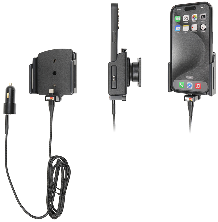 Apple iPhone 15/16/17 (Pro , Actieve verstelbare  houder met 12V USB SIG-Plug 70-83mm, dikte 8-12 mm - 721376 a - 721376