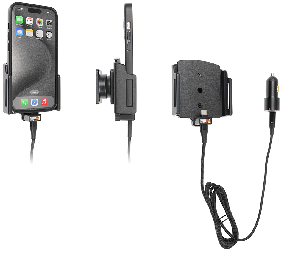 Apple iPhone 15/16/17 (Pro , Actieve verstelbare  houder met 12V USB SIG-Plug 70-83mm, dikte 8-12 mm - 721376 - 721376