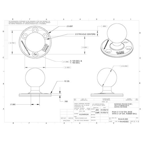 RAM 3.68 inch diameter ronde basis met 2.25 Inch bal - Ram d 202u2 - RAM-D-202U