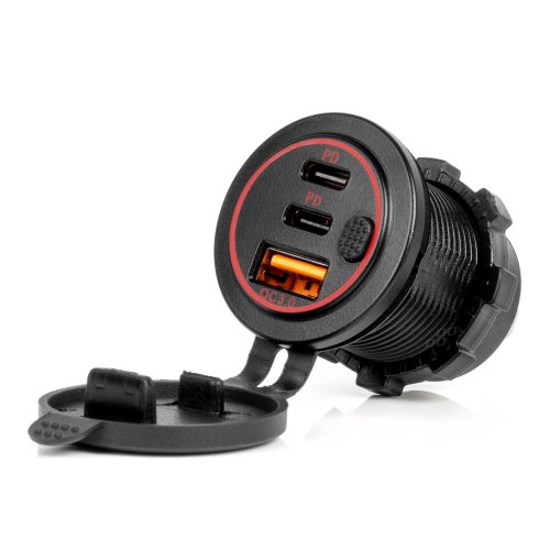 Autolader met aan-uit schakelaar, rode LED-achtergrondverlichting, USB + 2xUSB C QC3.0 12/24V - 04227 - 04227
