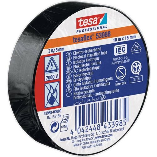 TESAFLEX 53988  L.10mtr x B.15mm Zwart (Per 10 Stuks) isolatie tape - 53988 00000 00 - 53988-00000-00