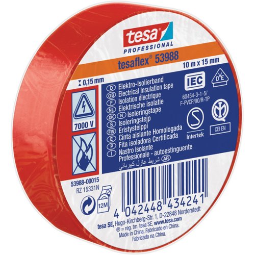 TESAFLEX 53988  L.10mtr x B.15mm Rood (Per 10 Stuks) - 53988 00015 00 - 53988-00015-00