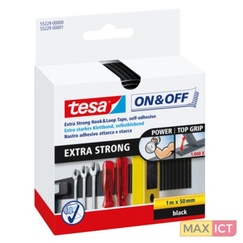 Tesa 55229 zwart on&off extra sterke klittenbandstrook 1 meter x 50 mm. (Per 6 Stuks)  - 55229 00000 02 - 55229-00000-02